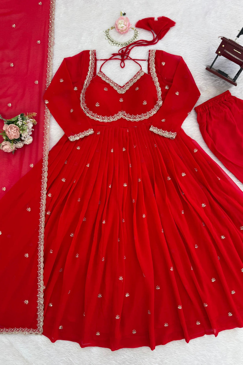 Hand-Embroidered Red Party Wear Anarkali Set