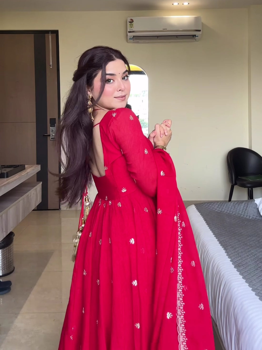 Hand-Embroidered Red Party Wear Anarkali Set