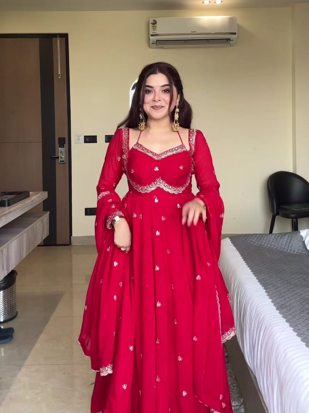Hand-Embroidered Red Party Wear Anarkali Set