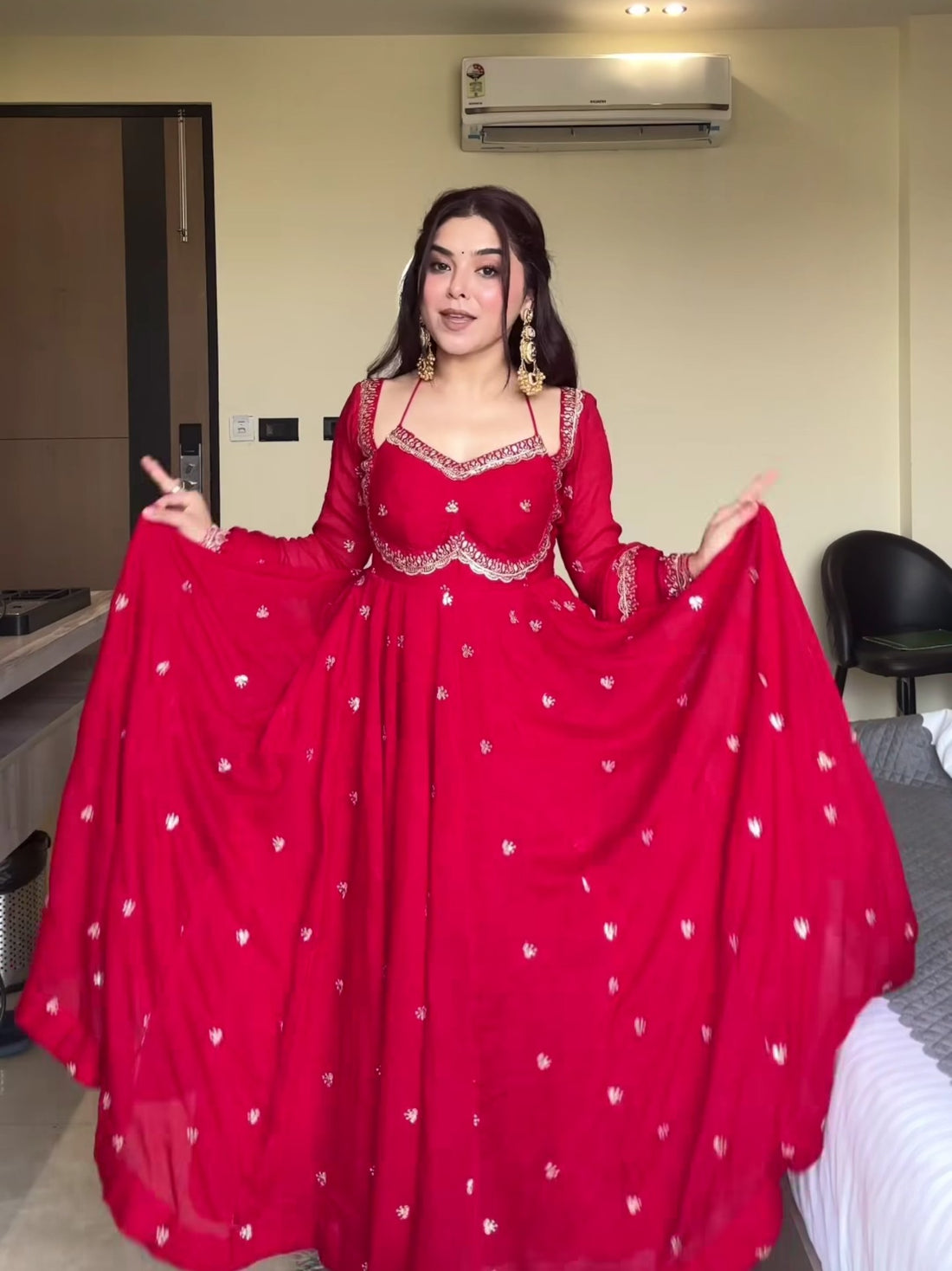 Hand-Embroidered Red Party Wear Anarkali Set