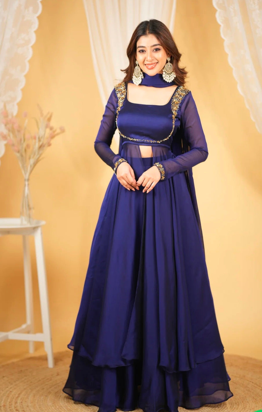Elegant Navy Blue Embroidered Gown with Dupatta