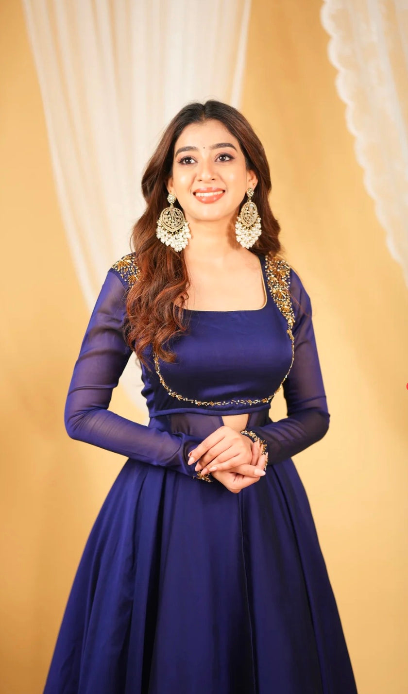 Elegant Navy Blue Embroidered Gown with Dupatta