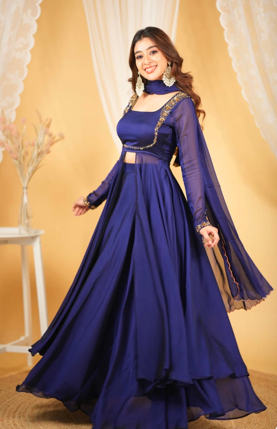 Elegant Navy Blue Embroidered Gown with Dupatta