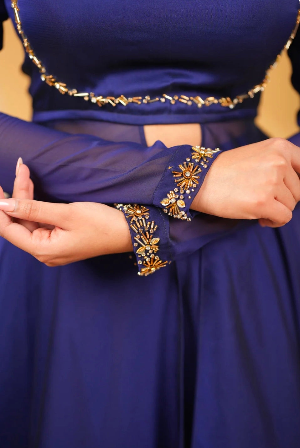 Elegant Navy Blue Embroidered Gown with Dupatta