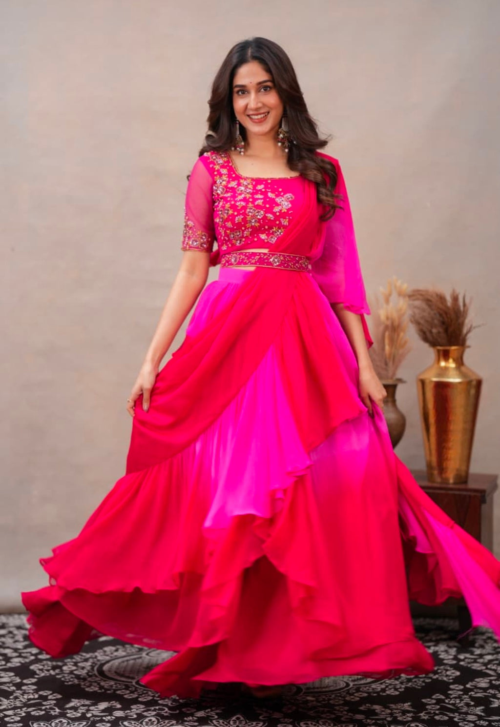 Laxuri Designer Fuchsia Pink Indo-Western Saree Gown
