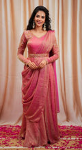 Luxury Dusty Pink Party Wear Draped Saree