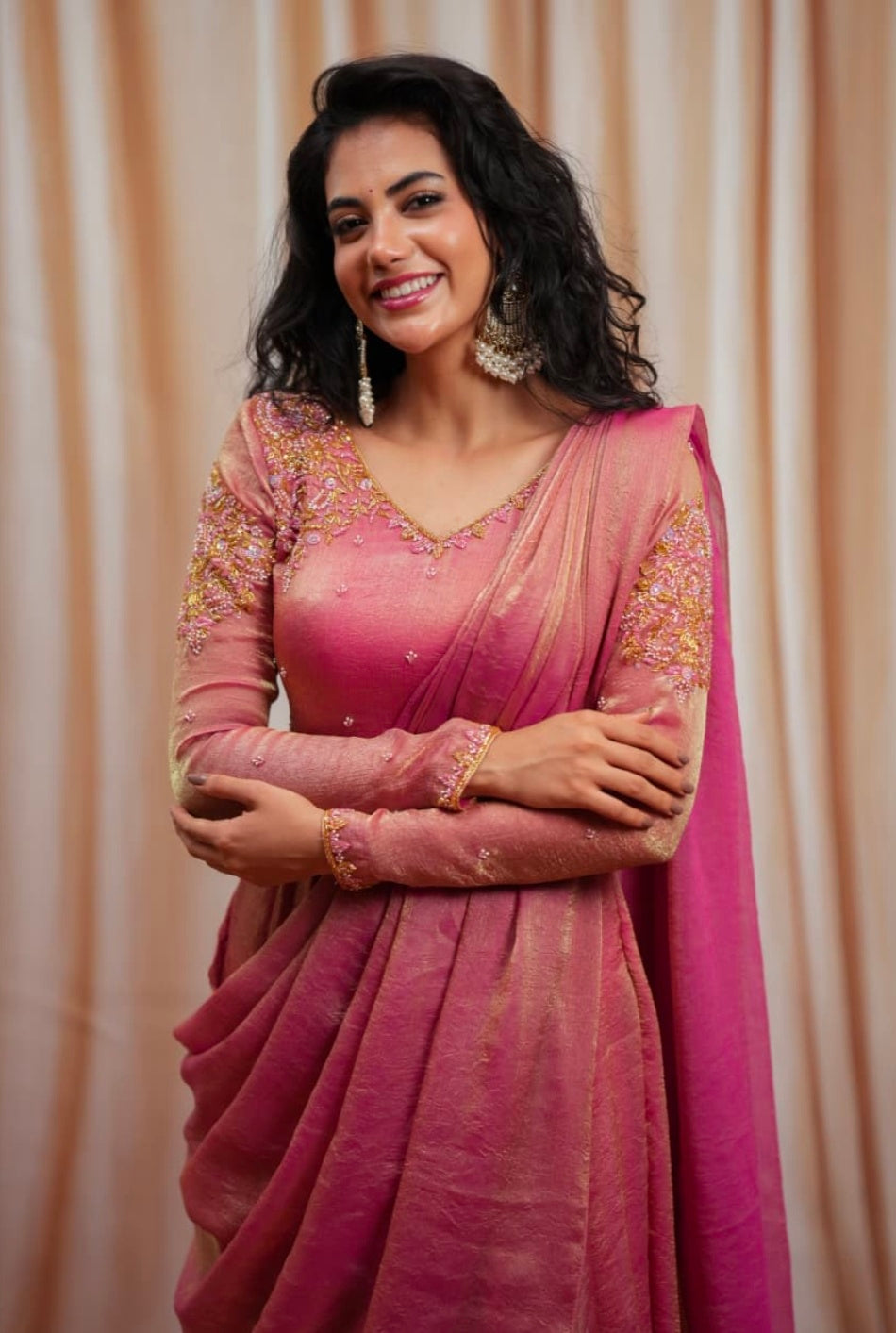 Luxury Dusty Pink Party Wear Draped Saree