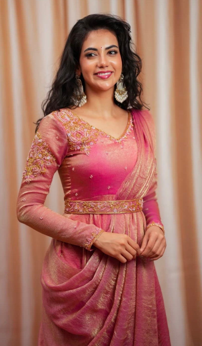 Luxury Dusty Pink Party Wear Draped Saree