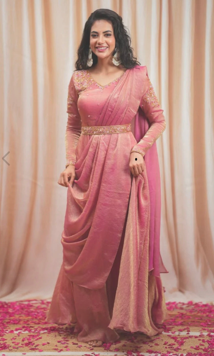 Luxury Dusty Pink Party Wear Draped Saree