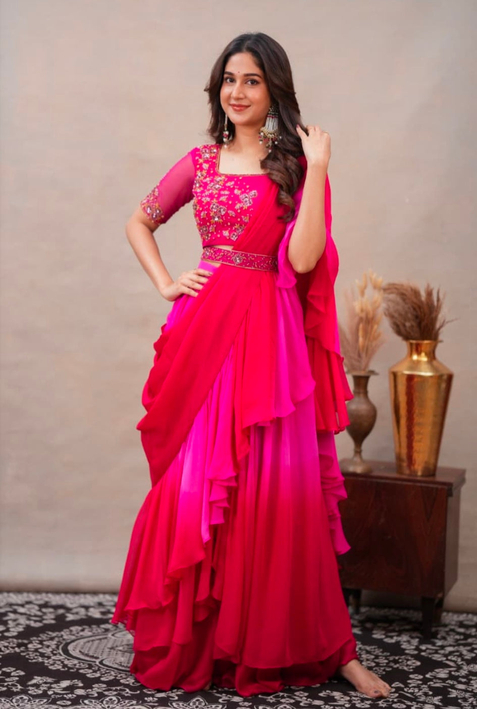 Laxuri Designer Fuchsia Pink Indo-Western Saree Gown