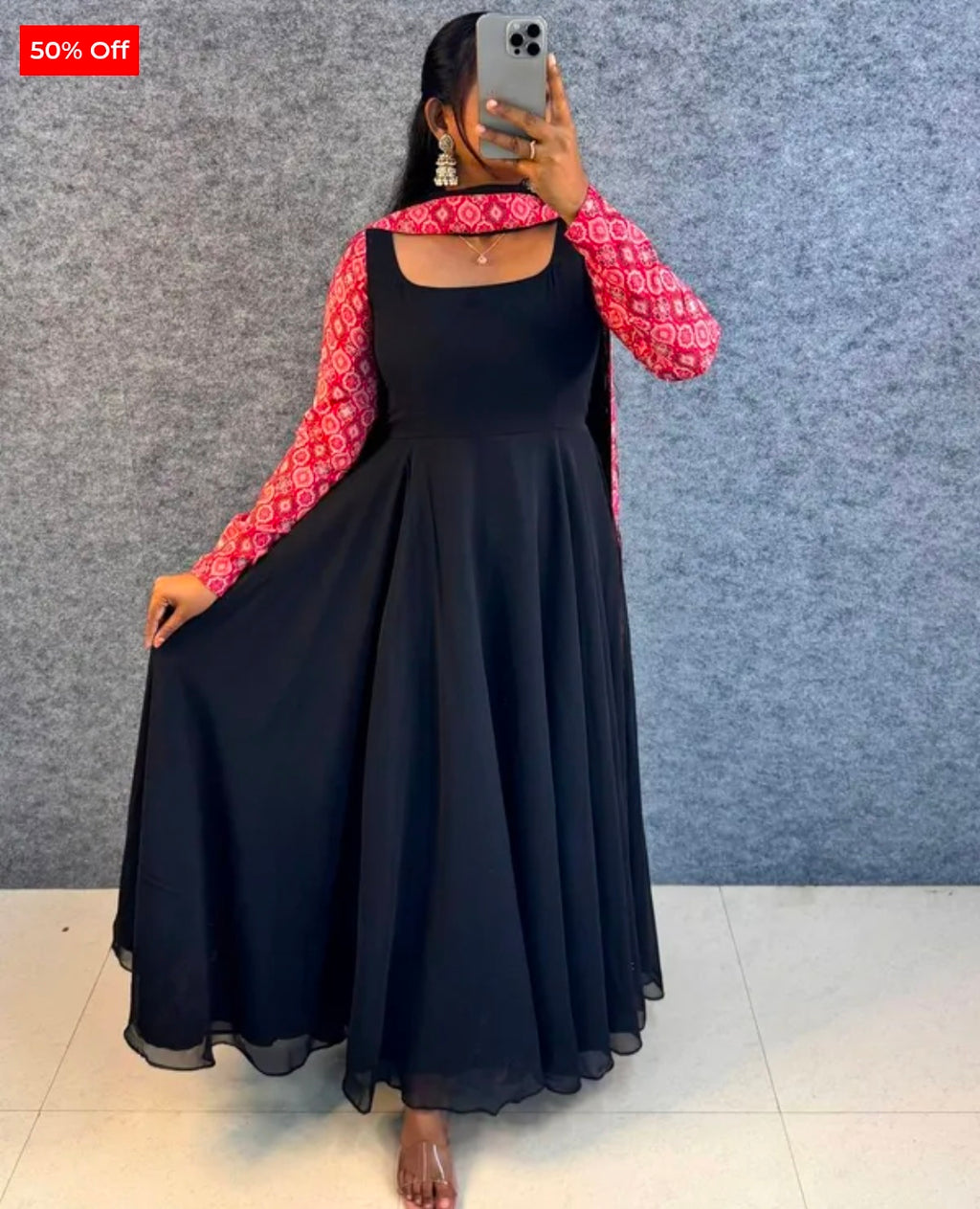 Elegant Black Flared Gown with Pink Printed Sleeves
