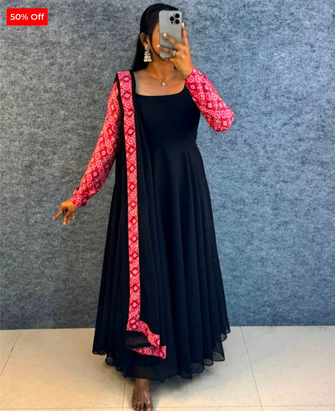 Elegant Black Flared Gown with Pink Printed Sleeves