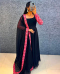 Elegant Black Flared Gown with Pink Printed Sleeves