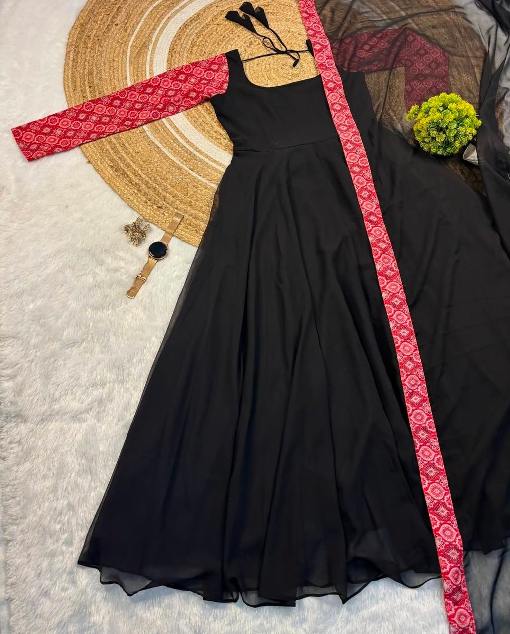 Elegant Black Flared Gown with Pink Printed Sleeves
