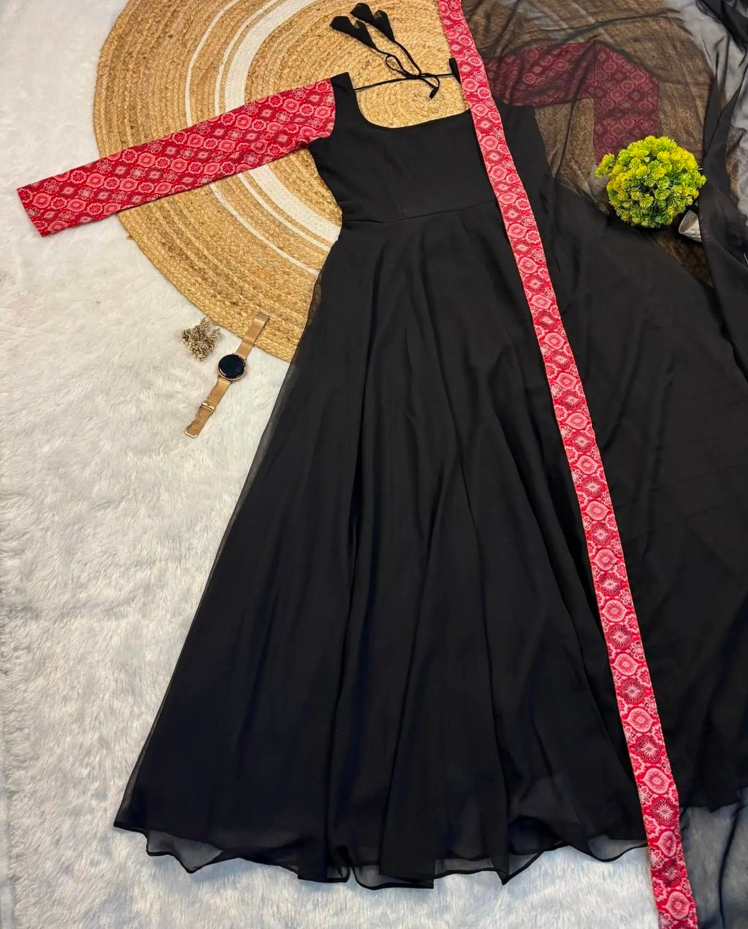 Elegant Black Flared Gown with Pink Printed Sleeves