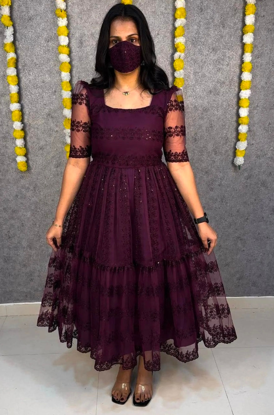 Royal Wine Embroidered Party Dress
