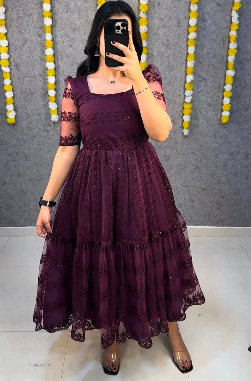 Royal Wine Embroidered Party Dress