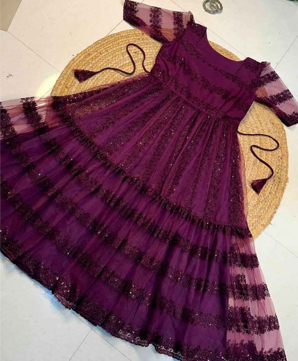 Royal Wine Embroidered Party Dress