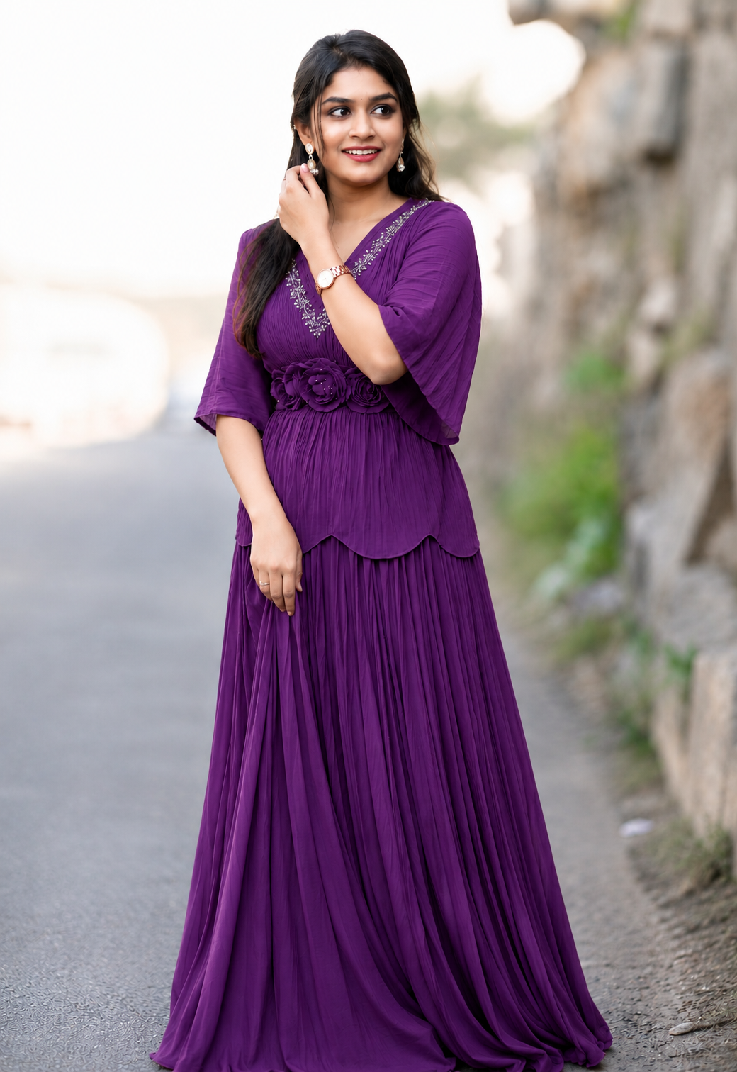 Elegant Orange Pleated Maxi Dress with Floral Waist Detailing