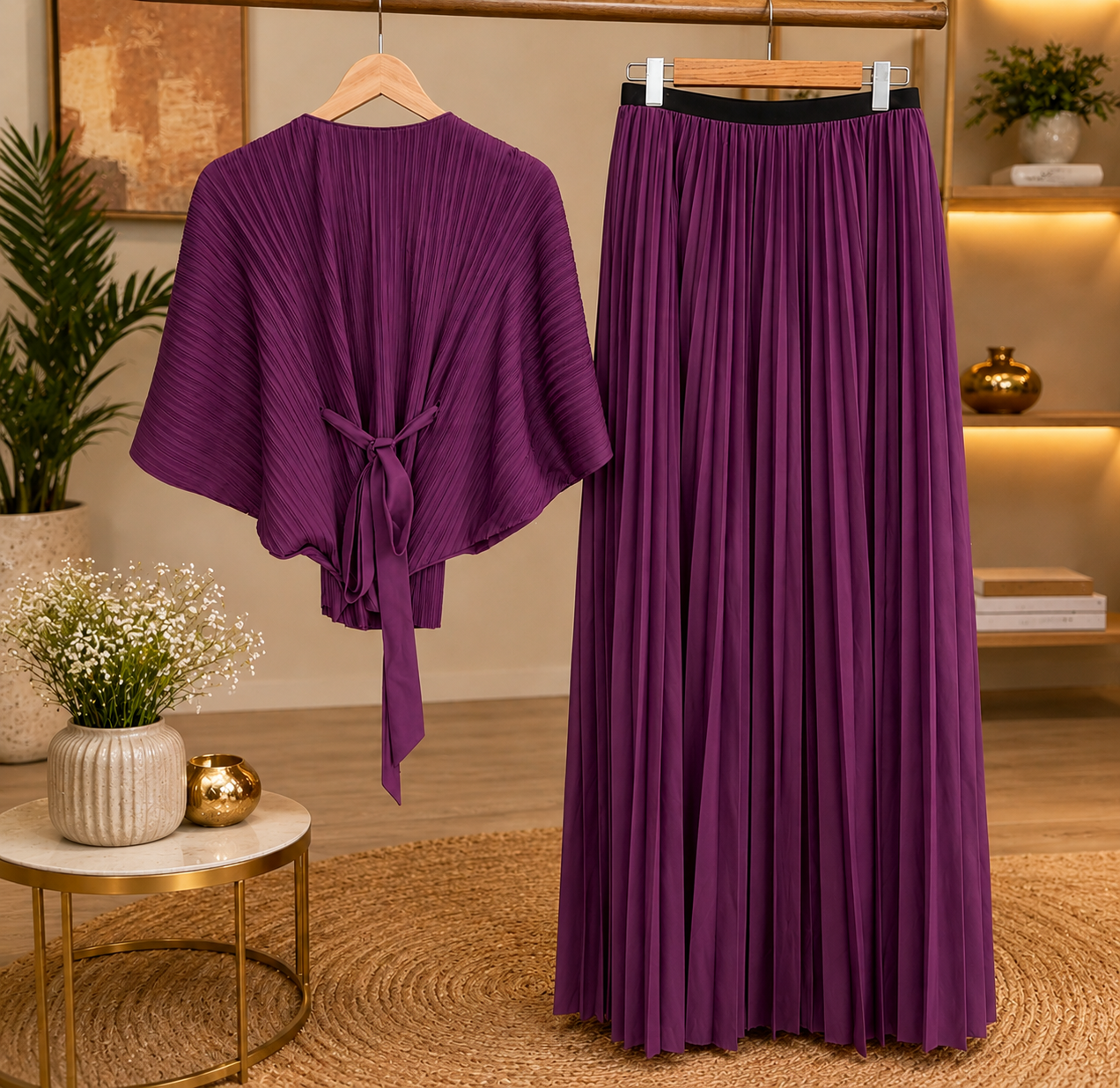 Elegant Orange Pleated Maxi Dress with Floral Waist Detailing